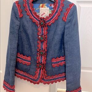 Maison Common denim blazer red crystal buttons, red& pink trim